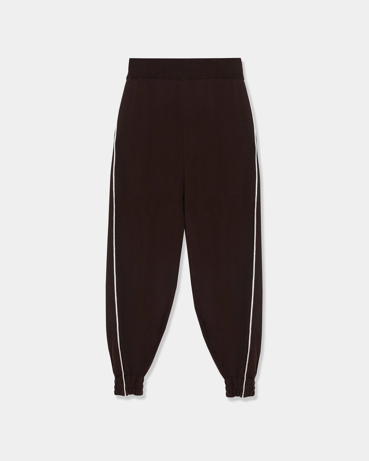 CORDERA Organic Cotton Sporty Pants in brown with a contrasting white side stripe and gathered hems.