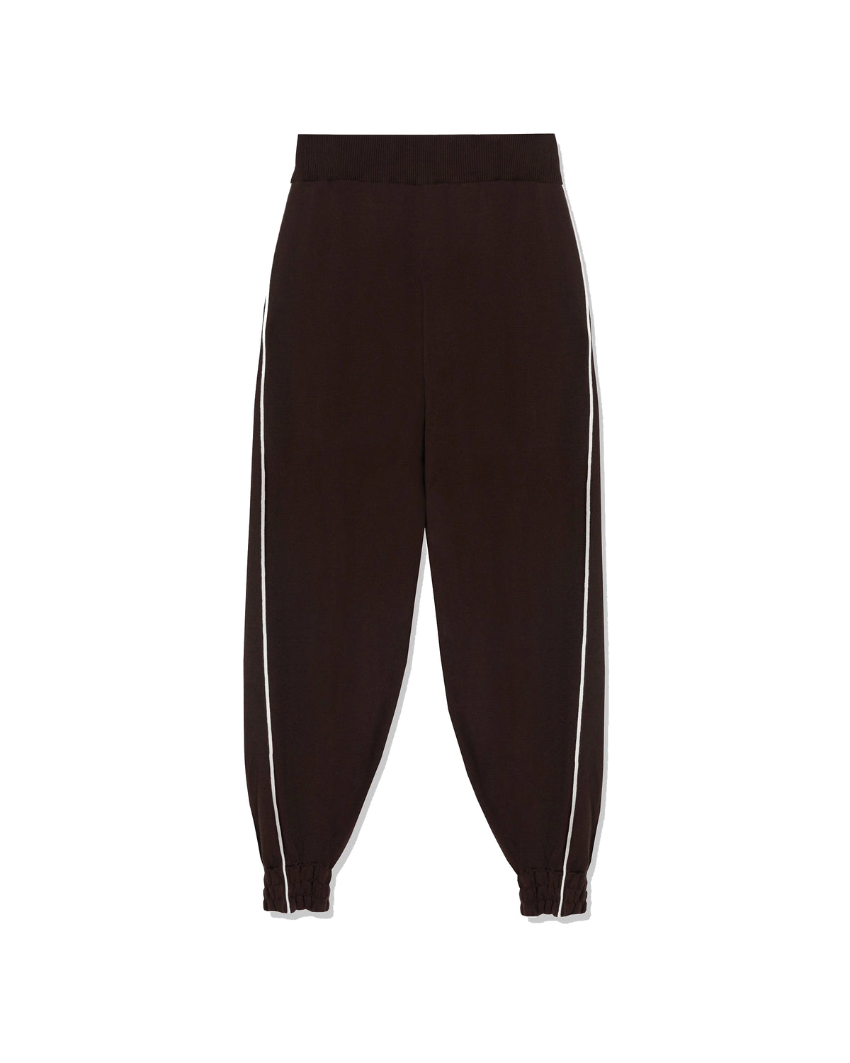 CORDERA Organic Cotton Sporty Pants in brown with a contrasting white side stripe and gathered hems.