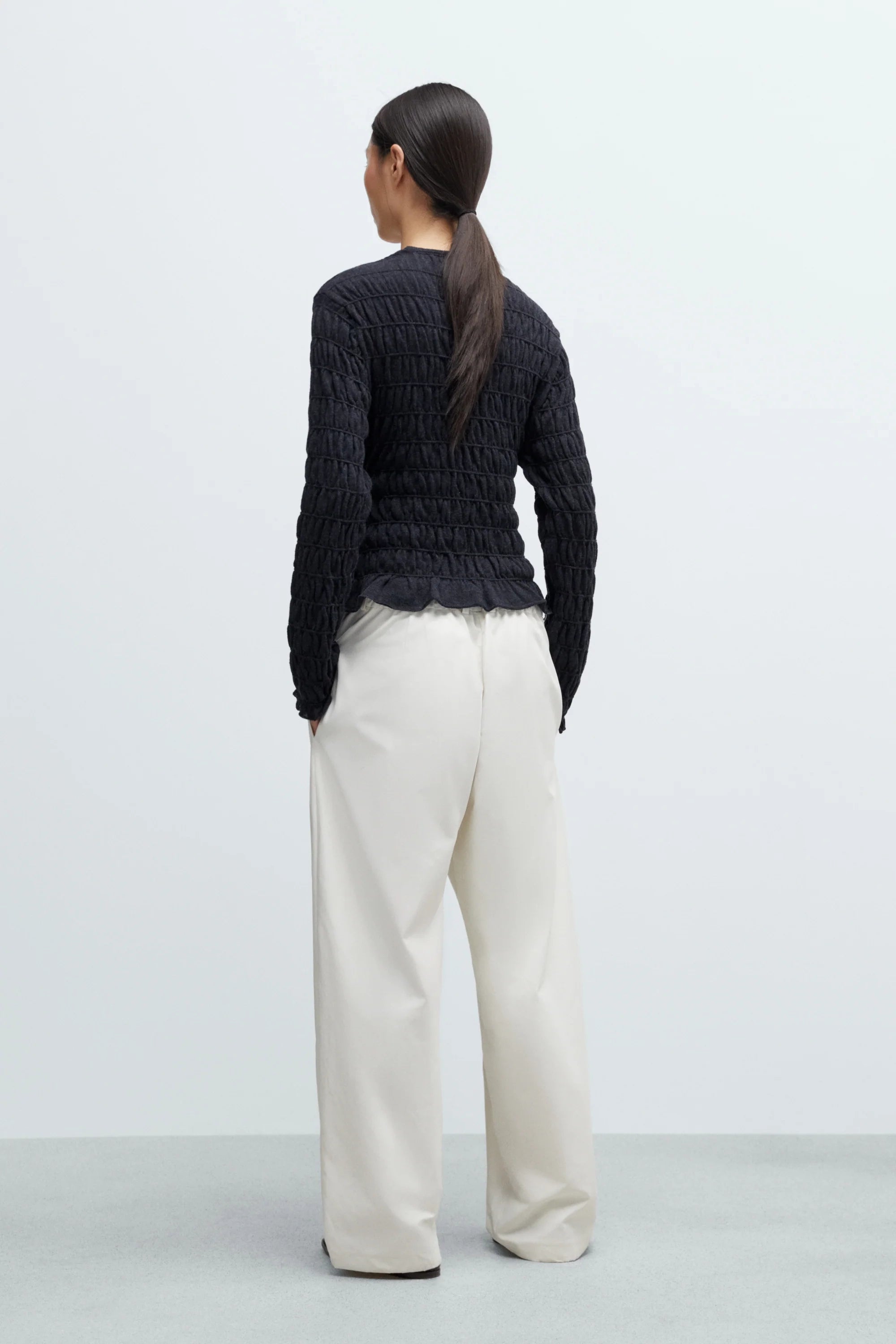 Merino Wool Gathered Cardigan in Anthracite by CORDERA