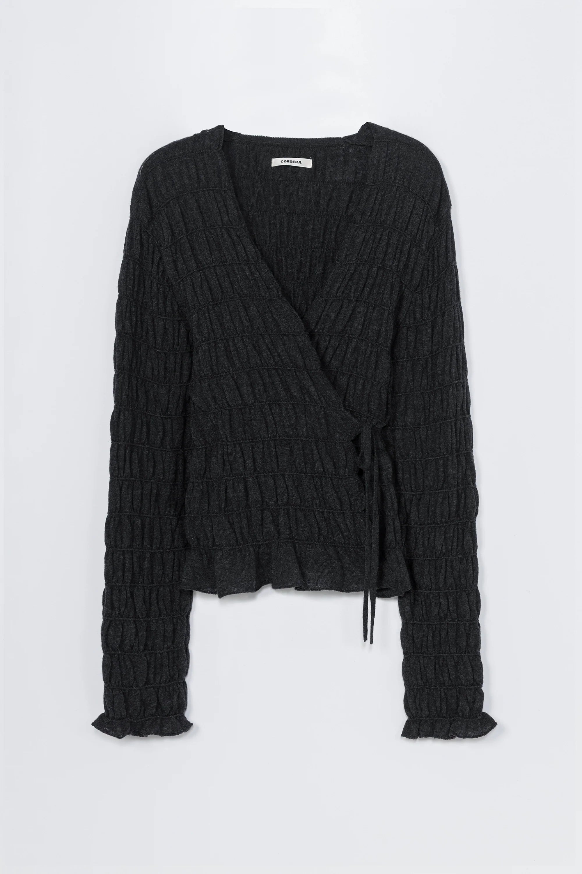 Merino Wool Gathered Cardigan in Anthracite by CORDERA