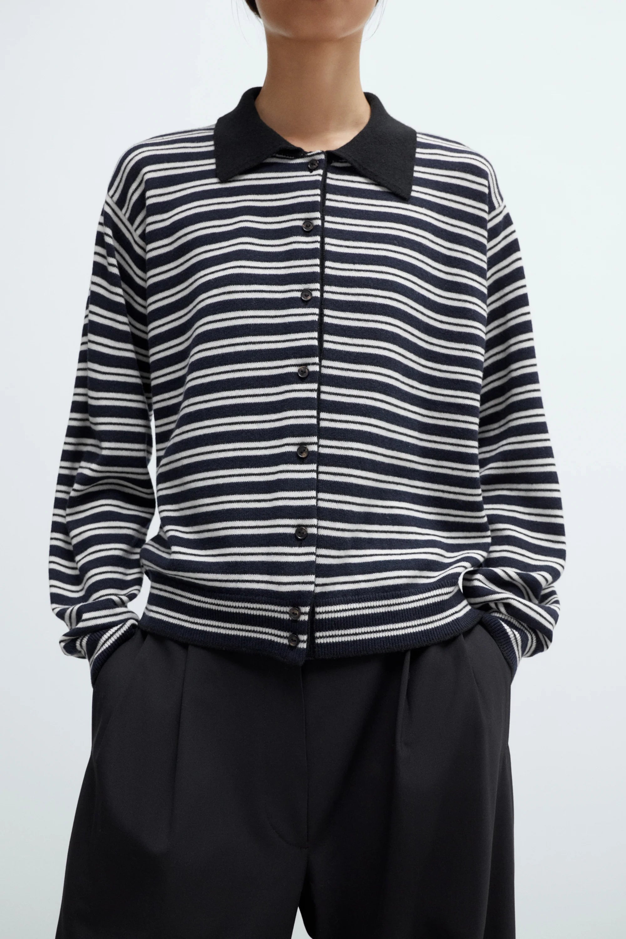 Merino Wool Striped Polo Cardigan by CORDERA
