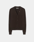 CORDERA Merino Wool Button Cardigan in brown with a V-neckline and decorative buttons extending along the neckline.
