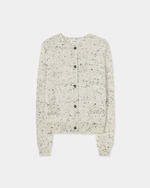 CORDERA Merino Wool Flecked Cardigan in natural with a flecked chunky knit, button front and patch pockets.
