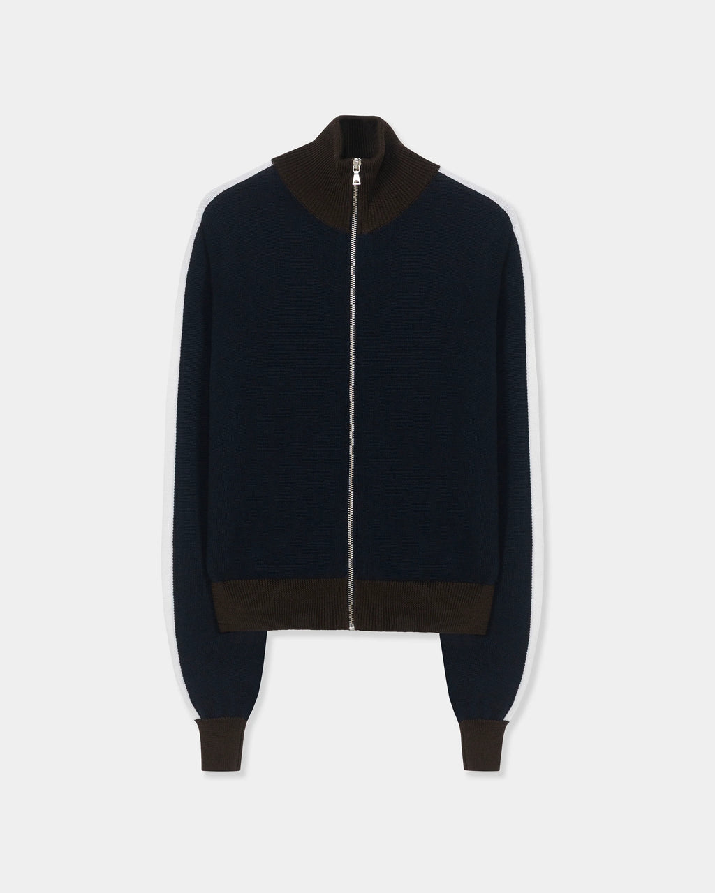 CORDERA Merino Wool Sporty Cardigan in navy with white sleeve stripes, brown ribbed trim and a front zip closure.