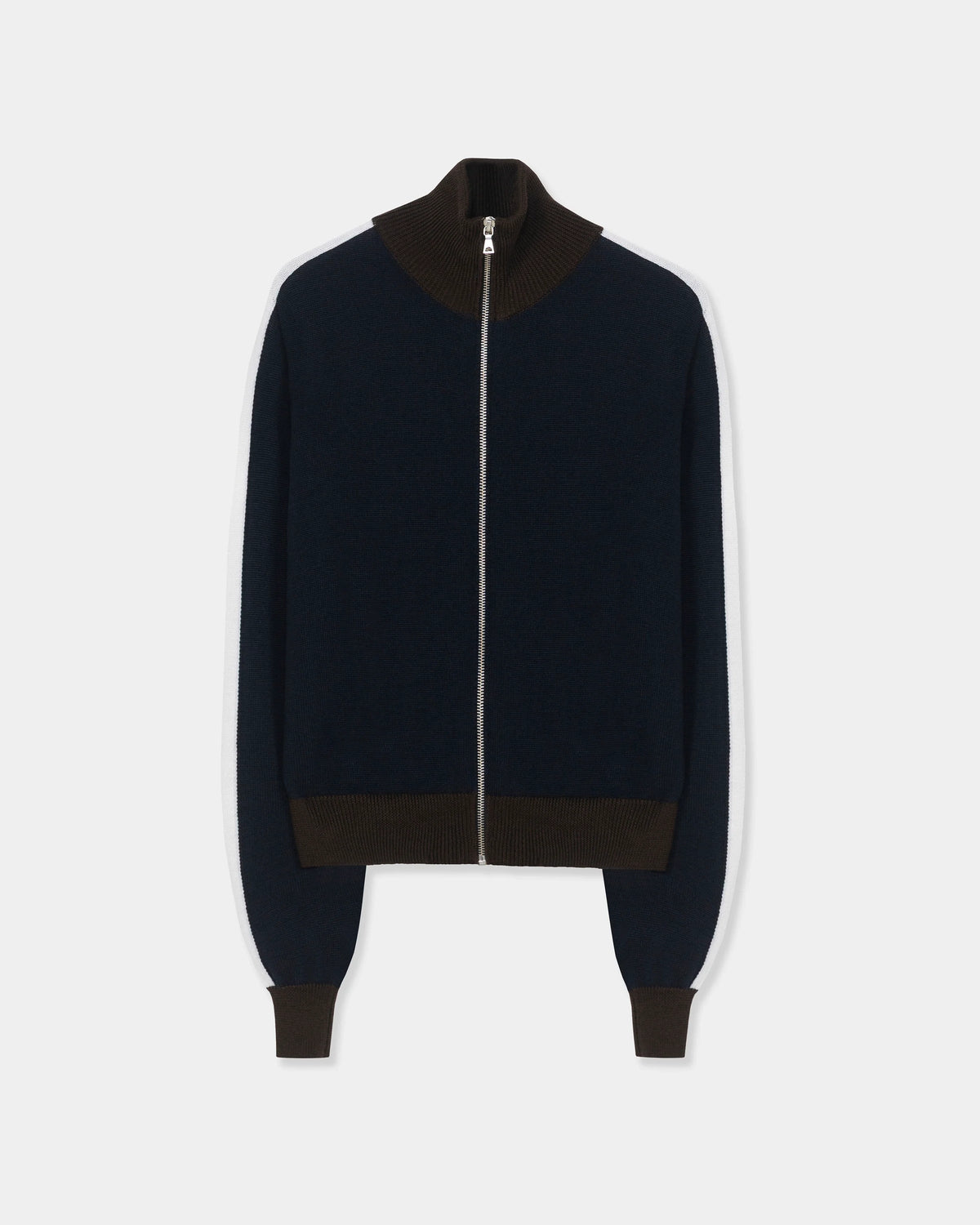 CORDERA Merino Wool Sporty Cardigan in navy with white sleeve stripes, brown ribbed trim and a front zip closure.