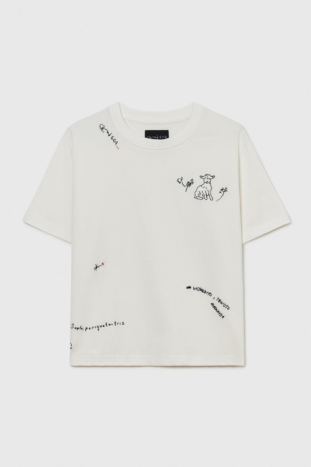 White t-shirt with black text and graphics on a white background
