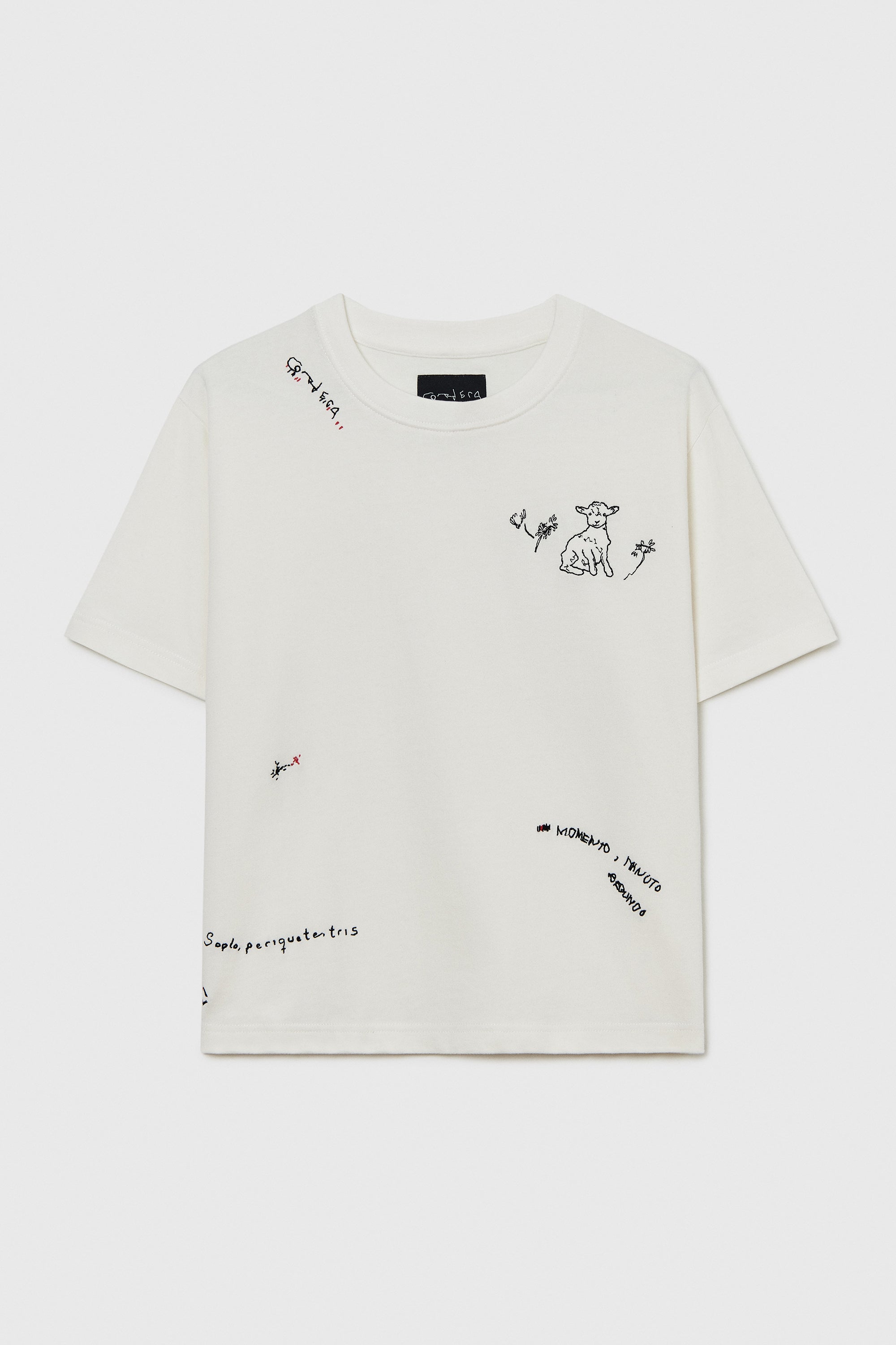 White t-shirt with black text and graphics on a white background