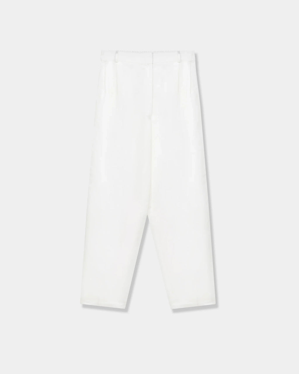 CORDERA Satin Masculine Barrel Pants in white with an oversized barrel silhouette and sharp front crease.