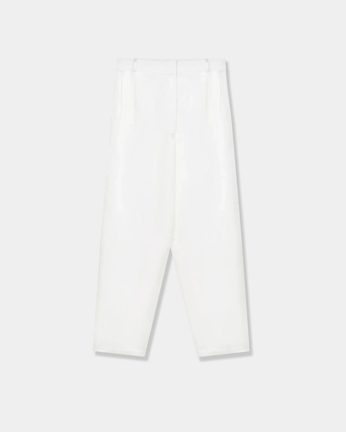 CORDERA Satin Masculine Barrel Pants in white with an oversized barrel silhouette and sharp front crease.
