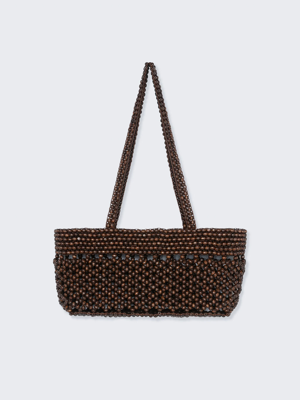 Brown beaded handbag with a strap on a light gray background