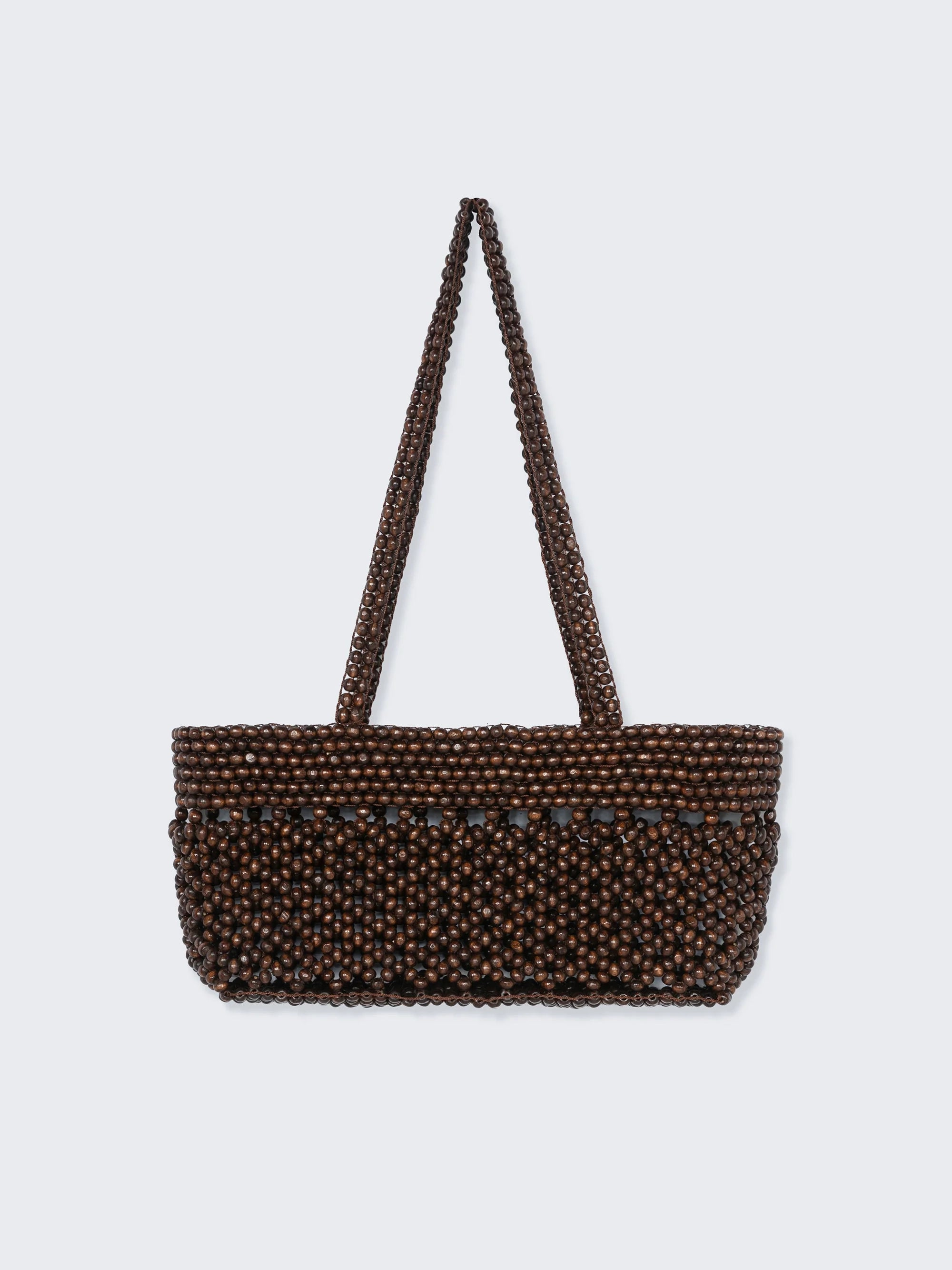 Brown beaded handbag with a strap on a light gray background