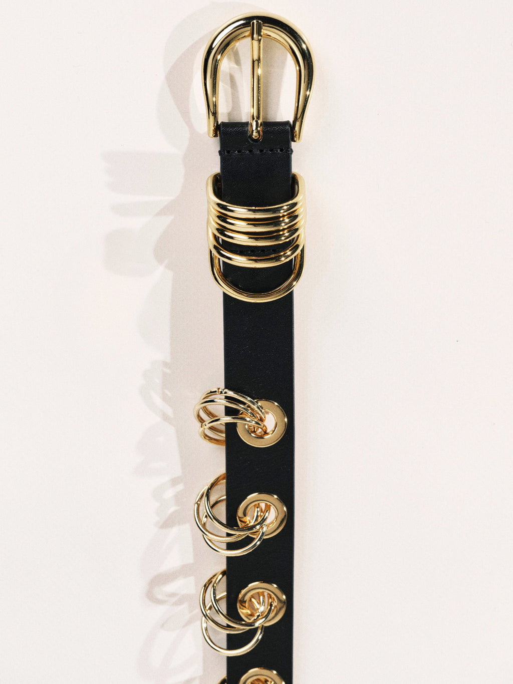 Black belt with gold hardware on a white background