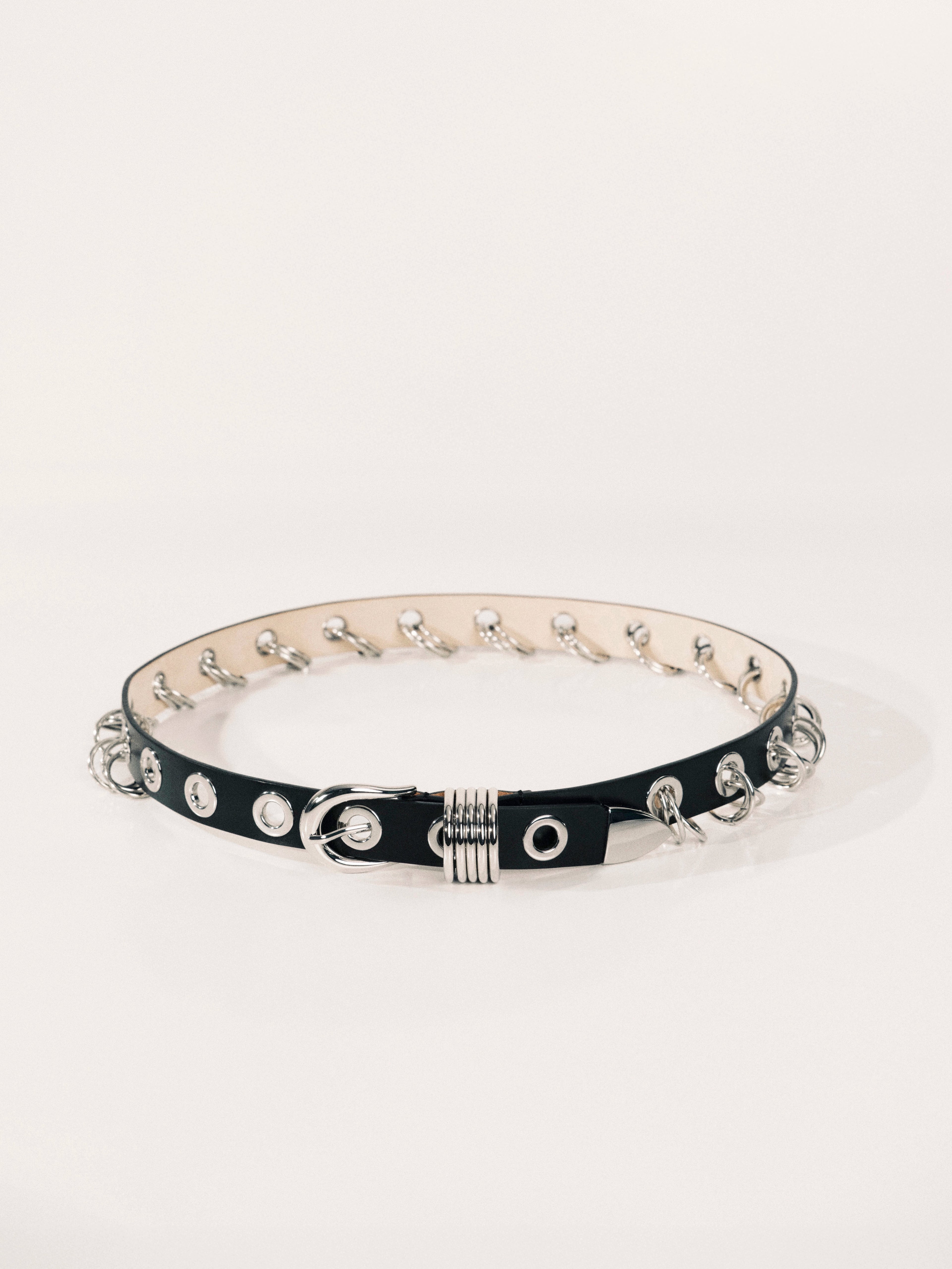 Black dog collar with silver studs on a white background