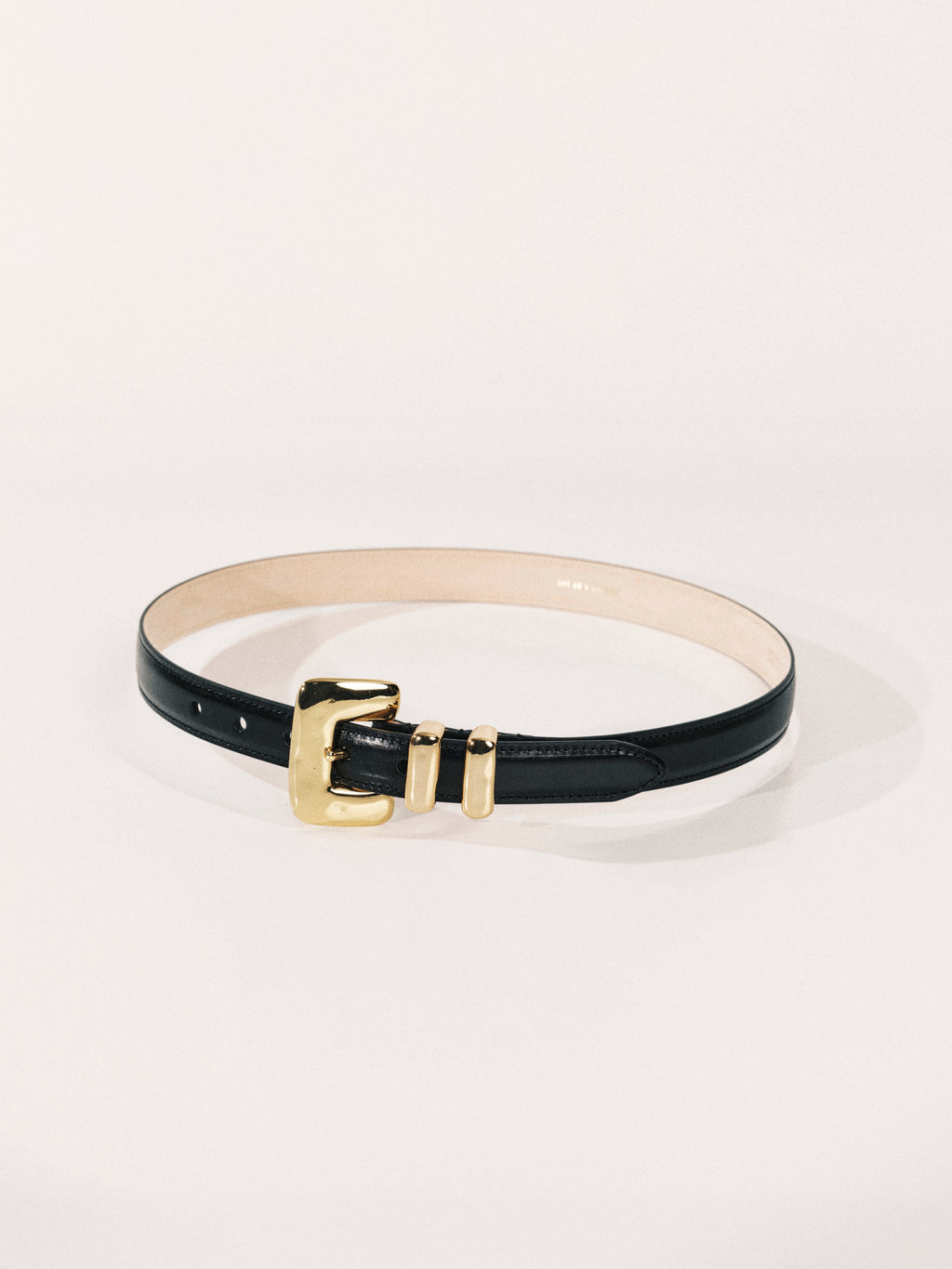 Black belt with a gold buckle on a light gray background