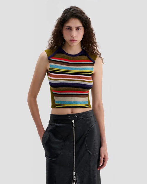 Model wearing Eckhaus Latta Envelope Top in Spectrum with a fitted shape and multicolor striped front.