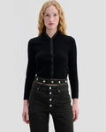 Model wearing Eckhaus Latta Racer Cardigan in black with charcoal trim and a shrunken fit.