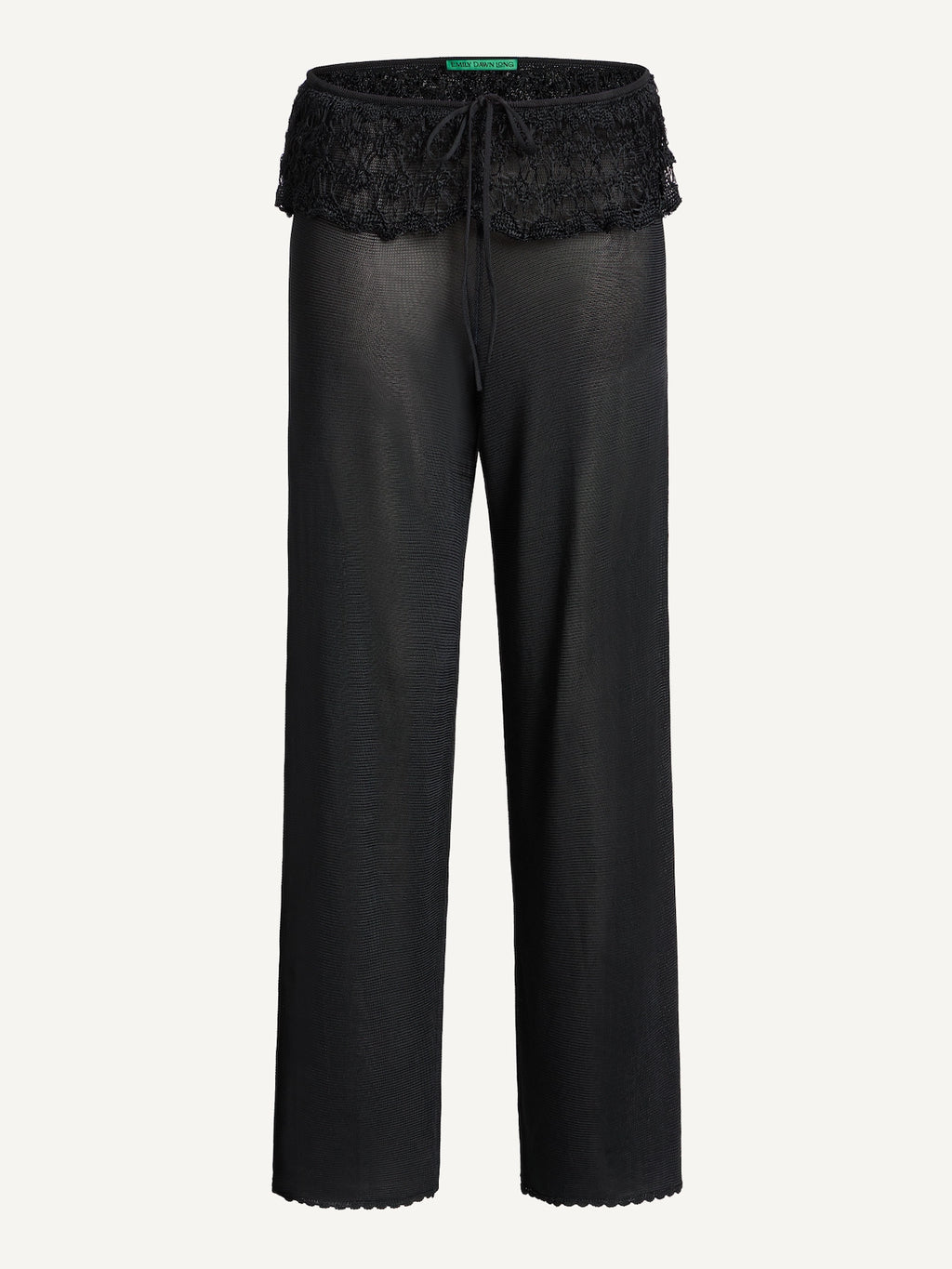 Black pants with lace trim on a white background