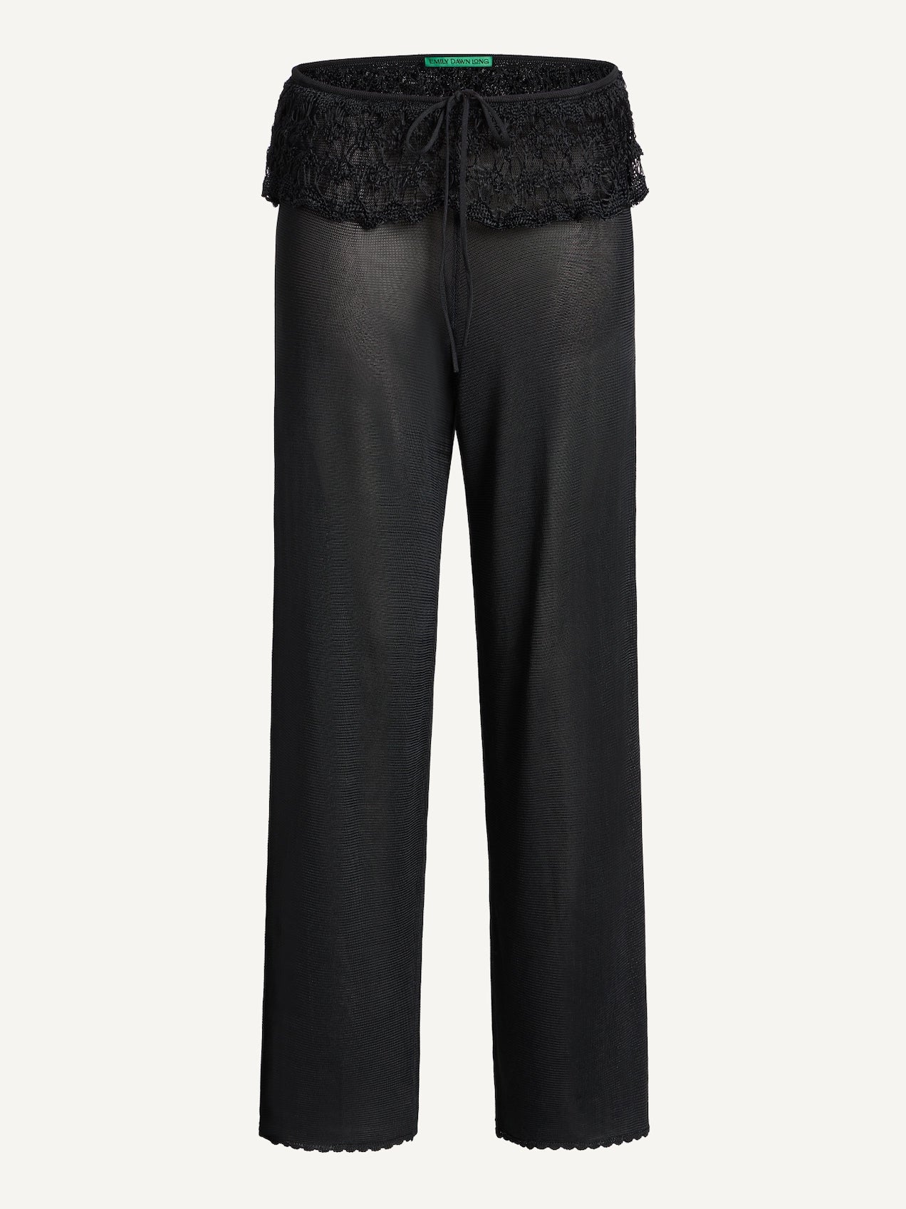 Black pants with lace trim on a white background