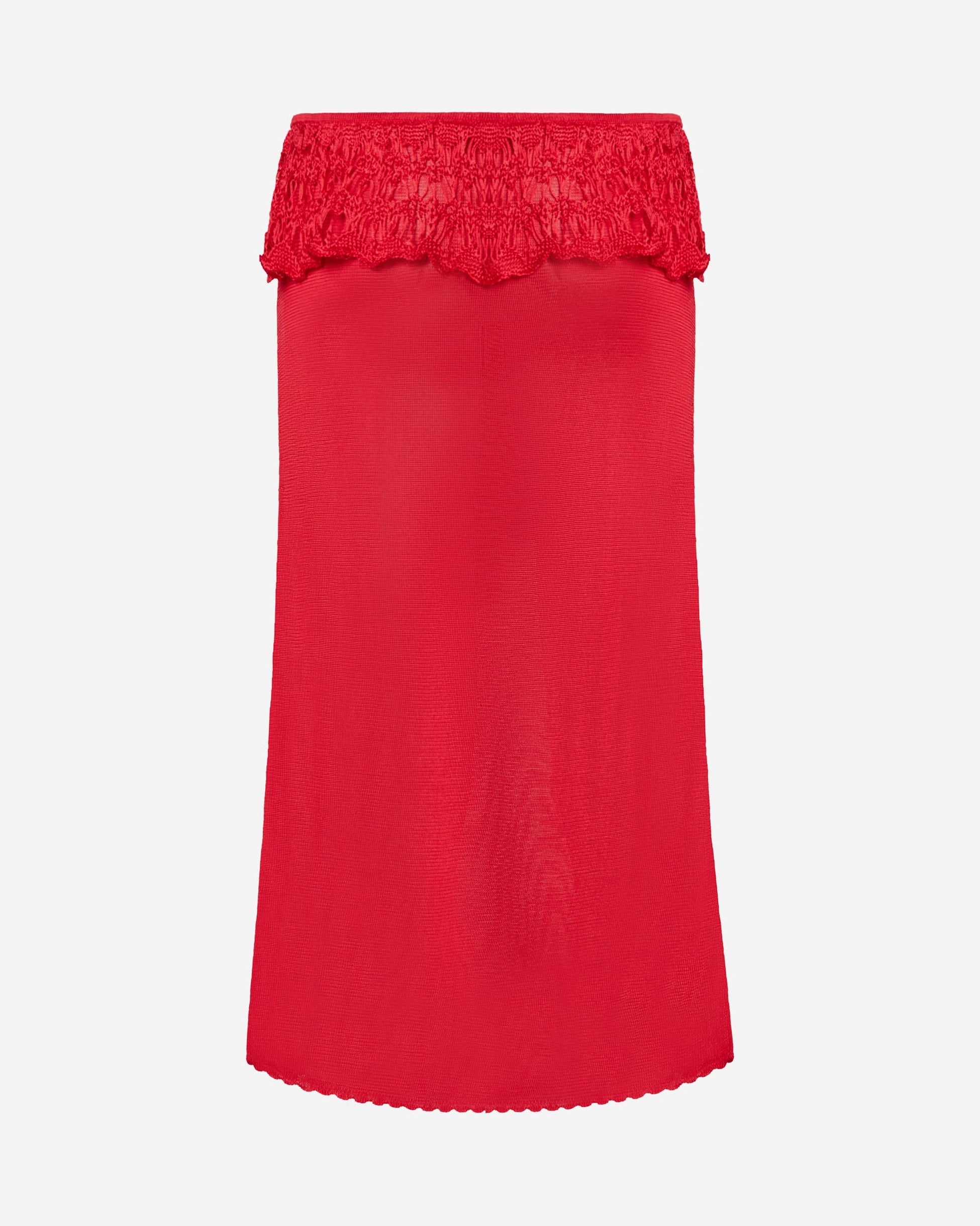 Back view of EMILY DAWN LONG Ash Ruffle Skirt in Rosso Corsa with a fluid, ruffled silhouette.