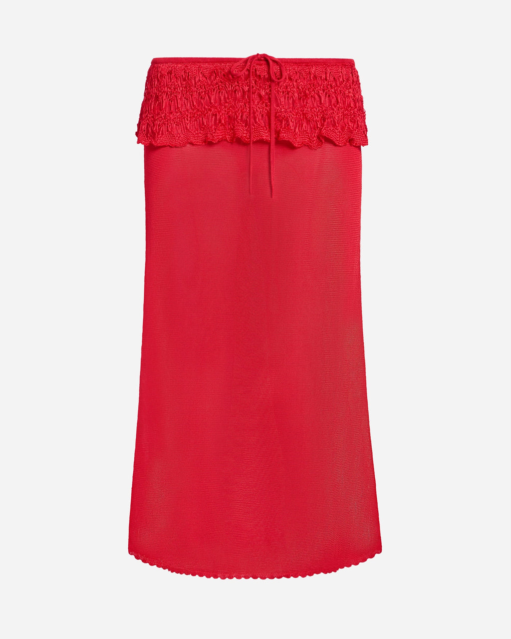 Front view of EMILY DAWN LONG Ash Ruffle Skirt in Rosso Corsa with a fluid, ruffled silhouette.