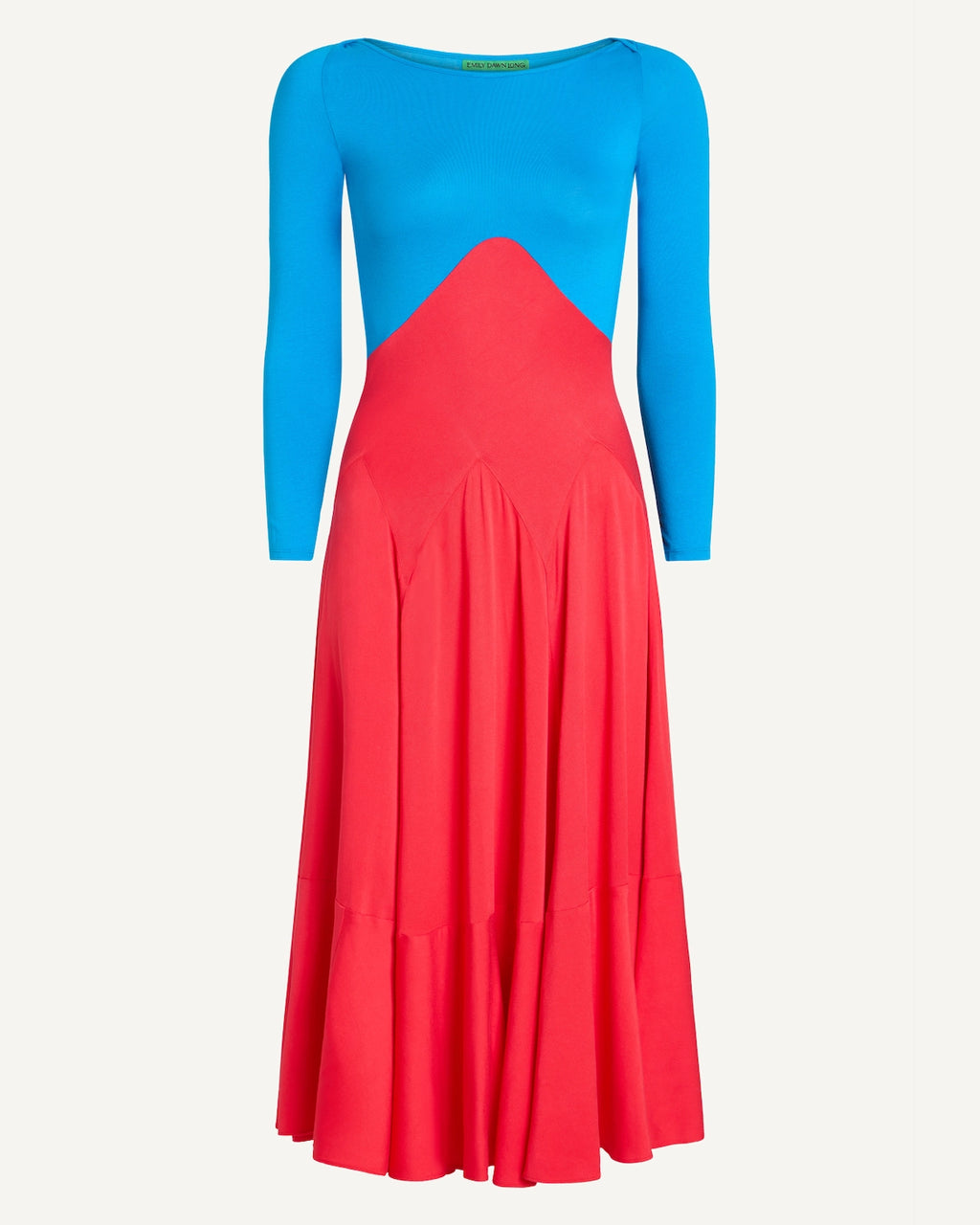 Red and blue color-block midi dress by EMILY DAWN LONG with a boat neckline, bracelet-length sleeves and full gathered skirt.