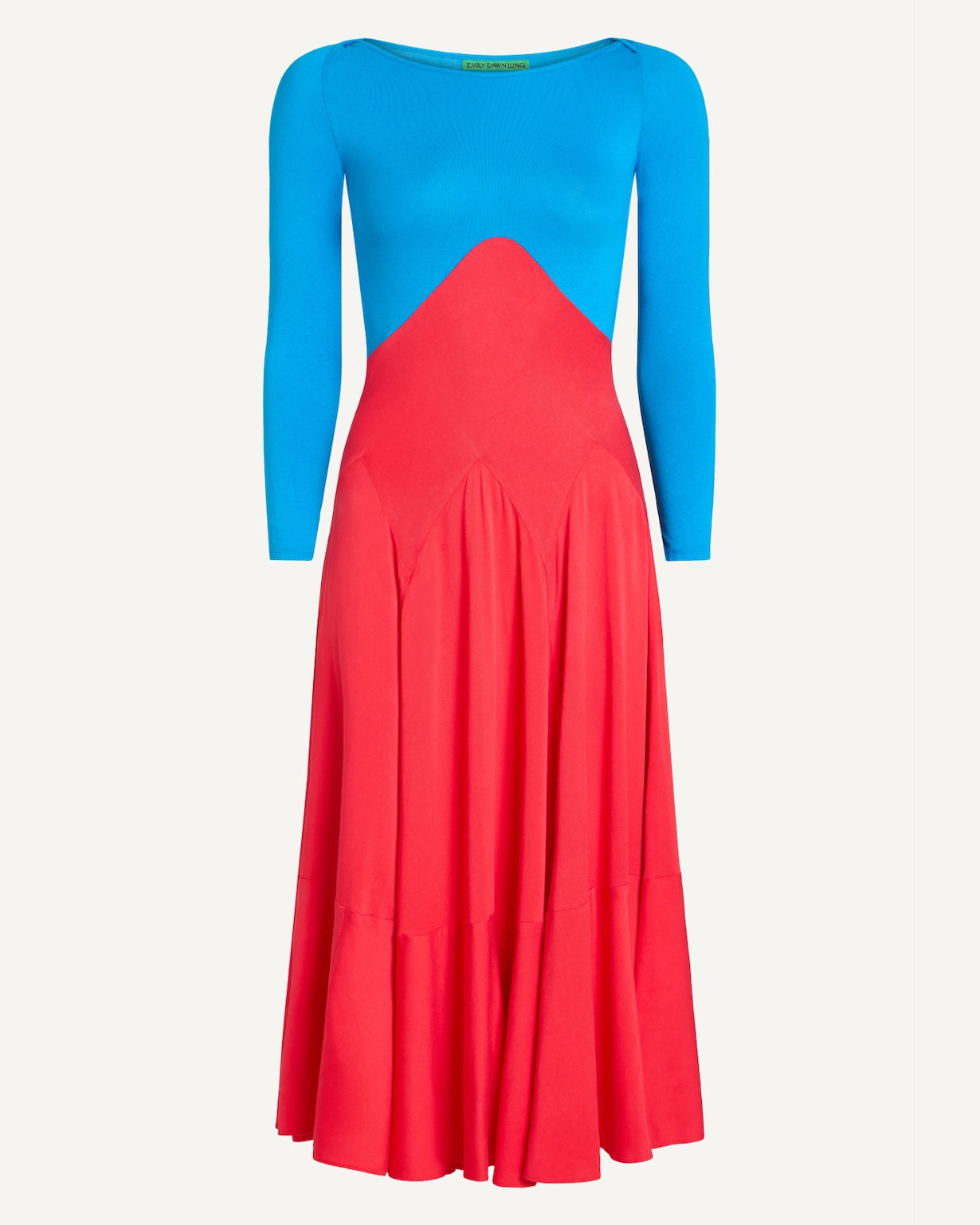 Red and blue color-block midi dress by EMILY DAWN LONG with a boat neckline, bracelet-length sleeves and full gathered skirt.