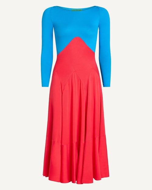 Red and blue color-block midi dress by EMILY DAWN LONG with a boat neckline, bracelet-length sleeves and full gathered skirt.