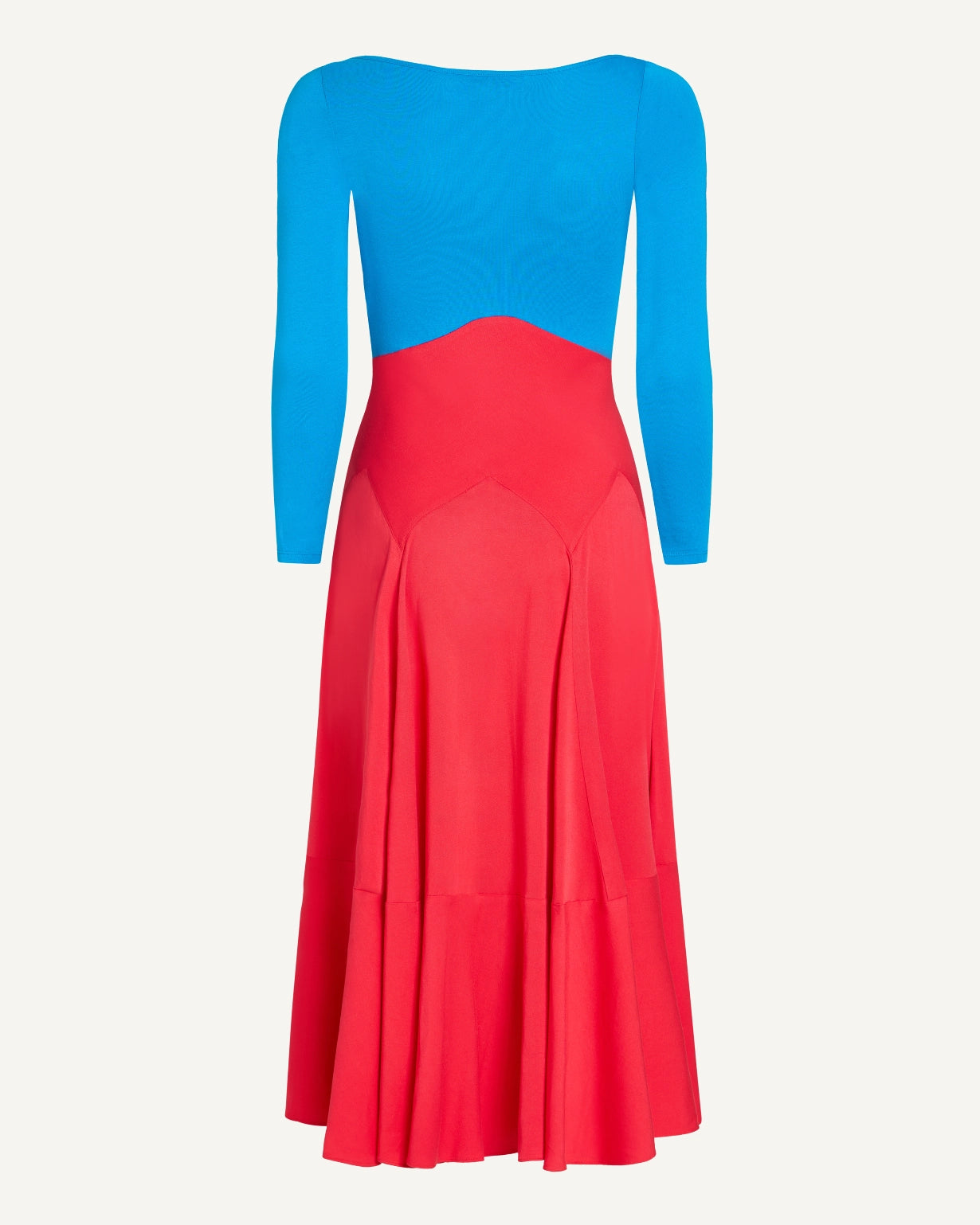 ￼￼￼Red and blue color-block midi dress by EMILY DAWN LONG with a boat neckline, bracelet-length sleeves and full gathered skirt.