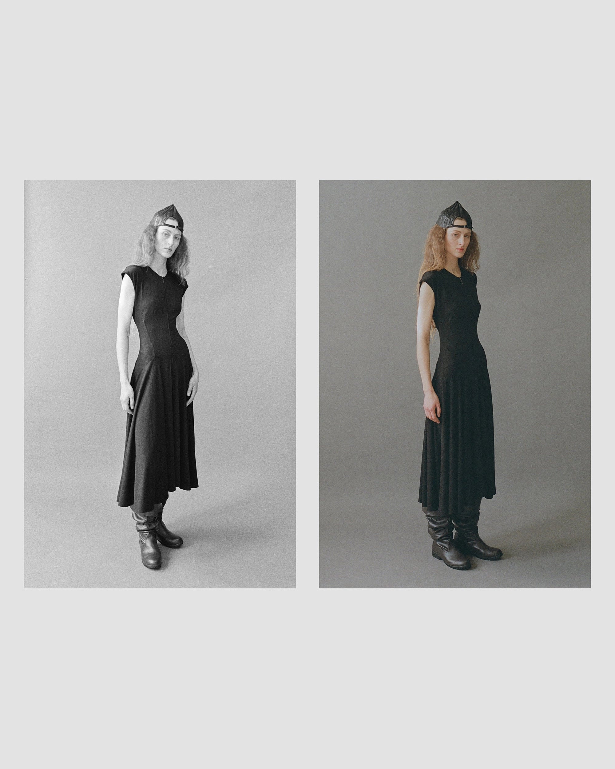 Model wearing Farrah Zip-Up Jersey Dress in Black by EMILY DAWN LONG