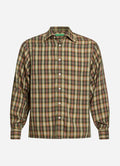 Plaid shirt with a pattern of green, brown, and beige on a white background