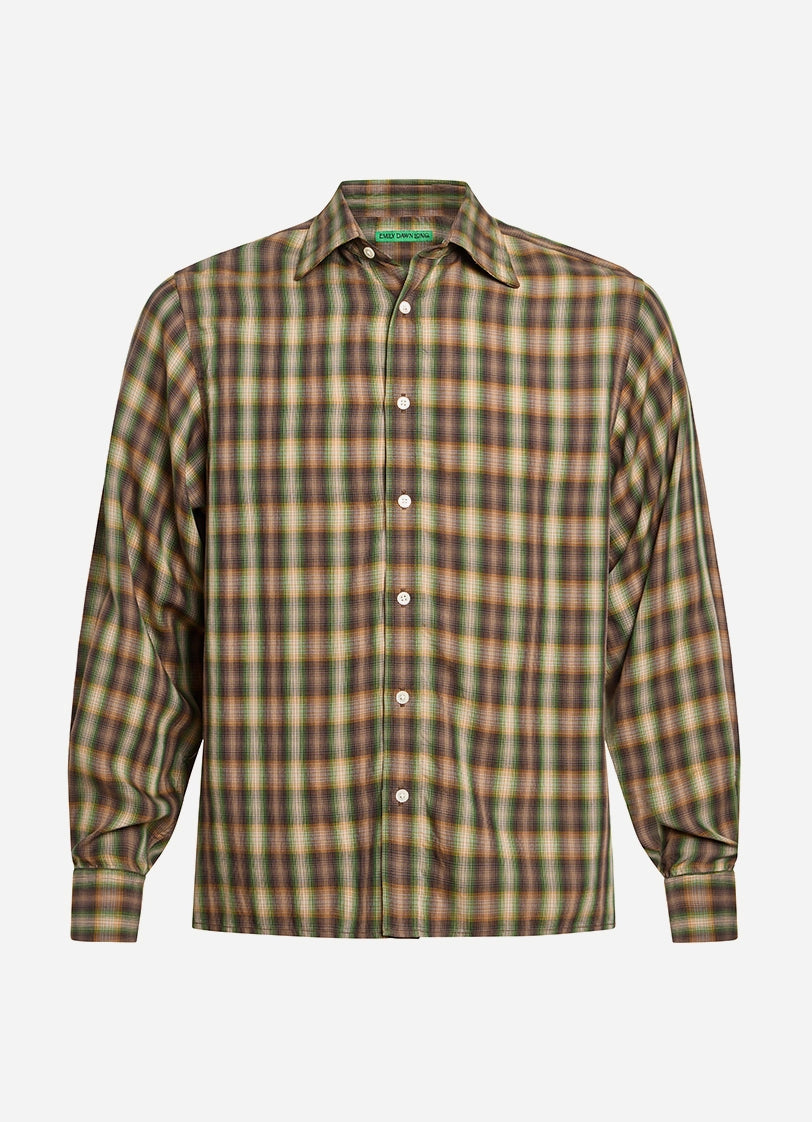 Plaid shirt with a pattern of green, brown, and beige on a white background