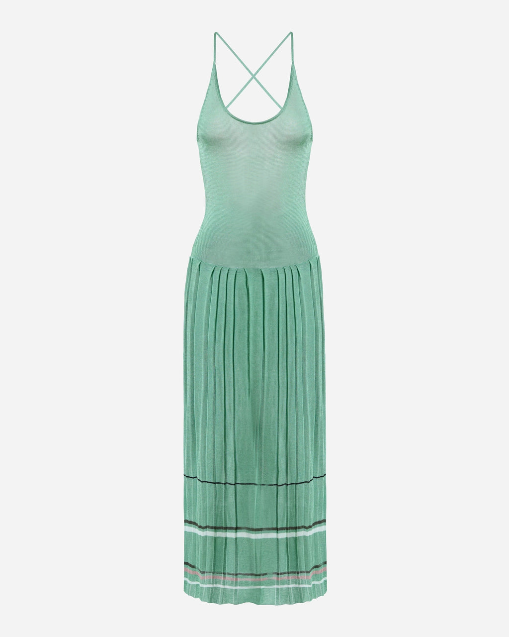 Lily pad green pleated midi dress by EMILY DAWN LONG with an open back, fine shoulder straps and striped pleated skirt.