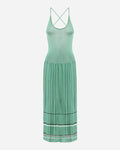 Lily pad green pleated midi dress by EMILY DAWN LONG with an open back, fine shoulder straps and striped pleated skirt.