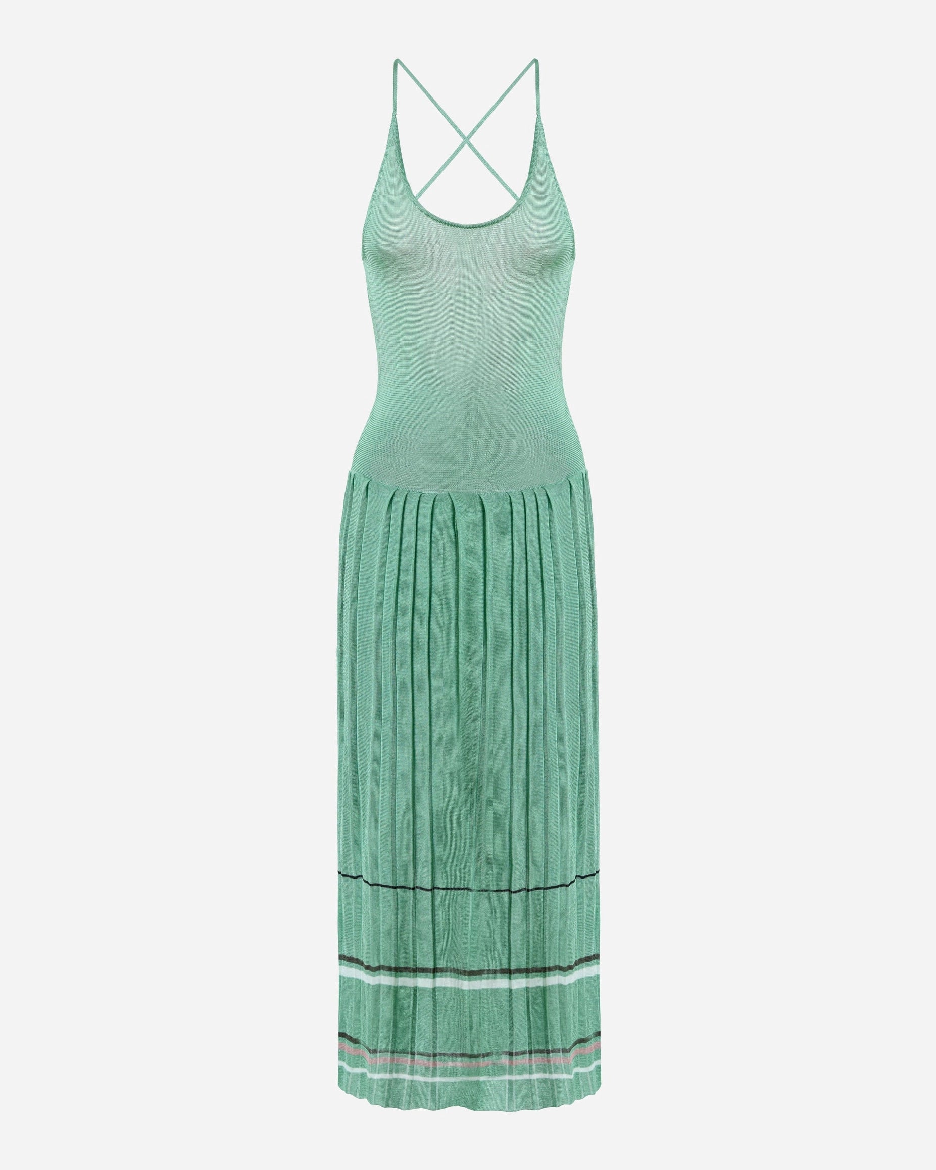 Lily pad green pleated midi dress by EMILY DAWN LONG with an open back, fine shoulder straps and striped pleated skirt.