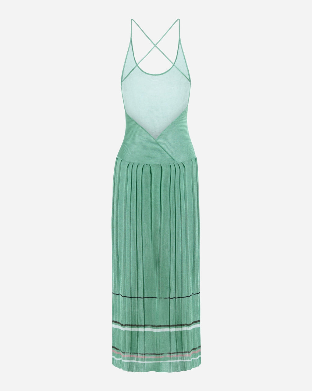Lily pad green pleated midi dress by EMILY DAWN LONG with an open back, fine shoulder straps and striped pleated skirt.