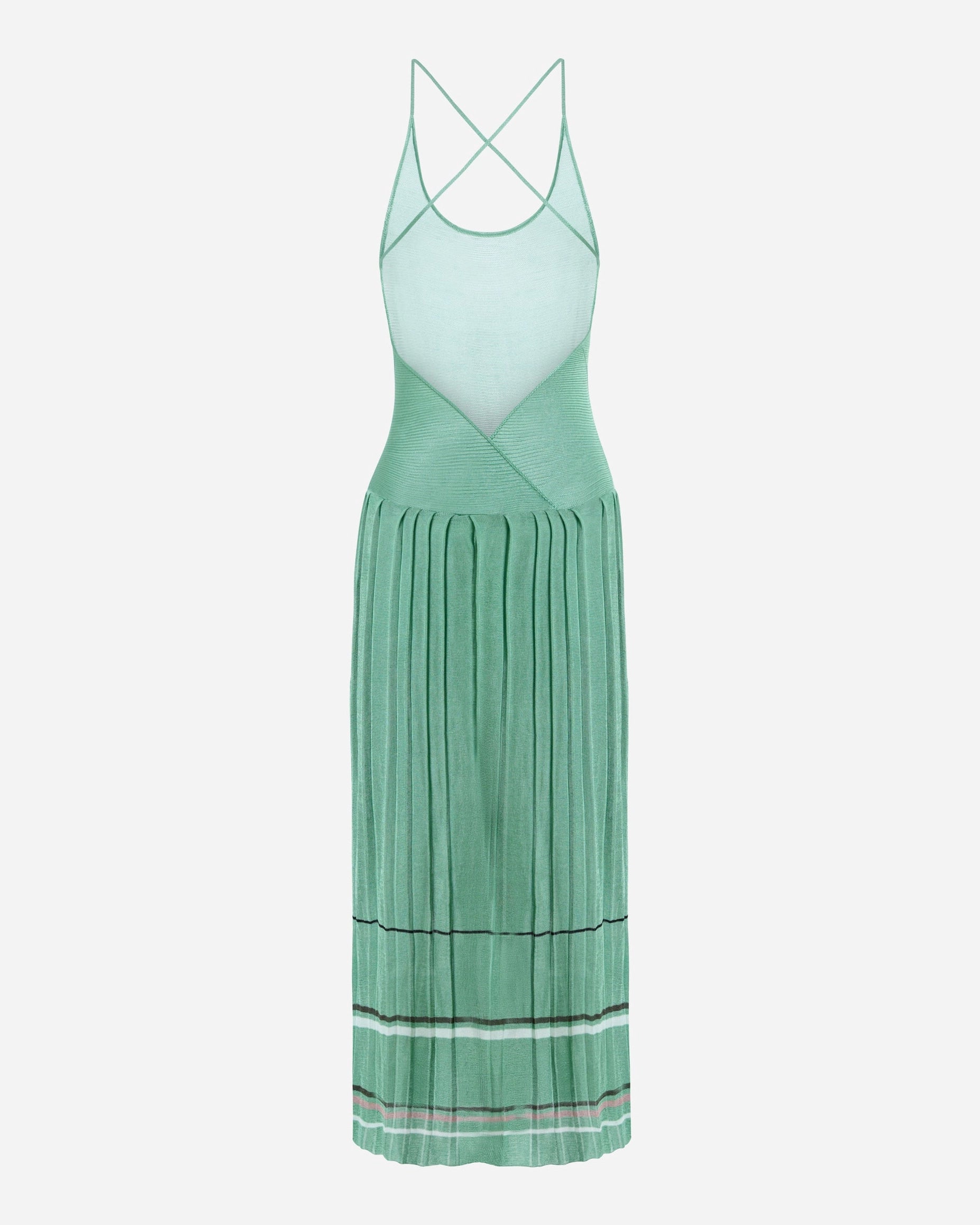 Lily pad green pleated midi dress by EMILY DAWN LONG with an open back, fine shoulder straps and striped pleated skirt.