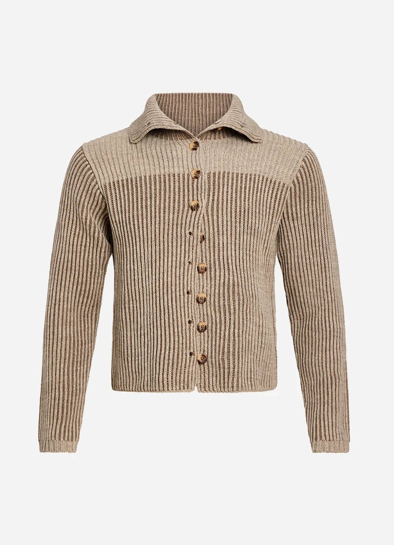 Beige ribbed sweater with button details on a white background
