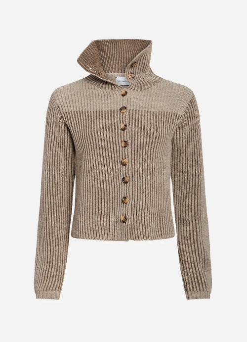 Beige ribbed sweater with button details on a white background