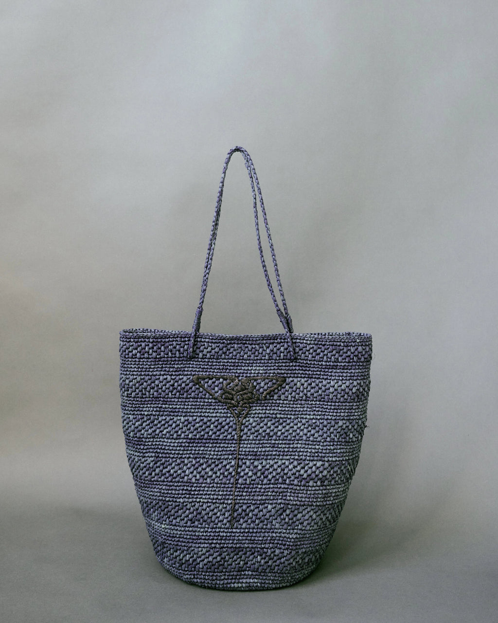 Blue hand-crocheted raffia tote by EMILY DAWN LONG with hand-embroidered Art Nouveau fan motif.