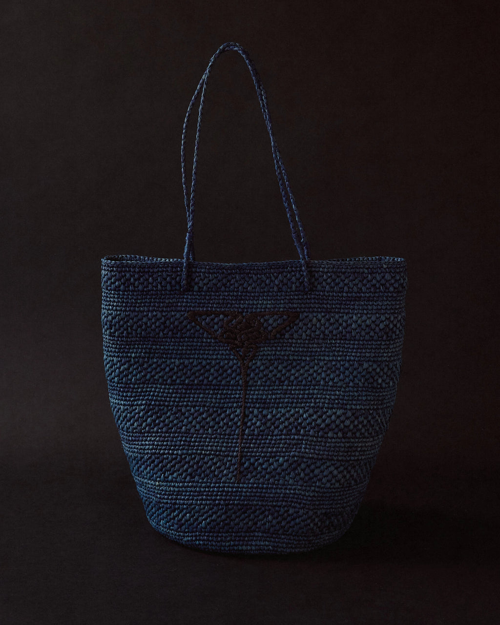 Blue hand-crocheted raffia tote by EMILY DAWN LONG with hand-embroidered Art Nouveau fan motif.