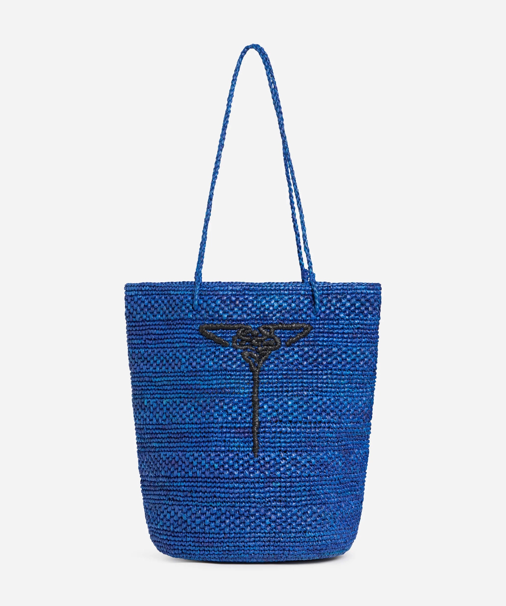Blue hand-crocheted raffia tote by EMILY DAWN LONG with hand-embroidered Art Nouveau fan motif.
