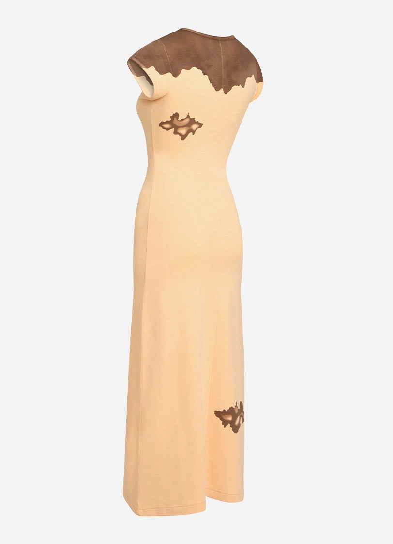 Long beige dress with brown accents on a white background