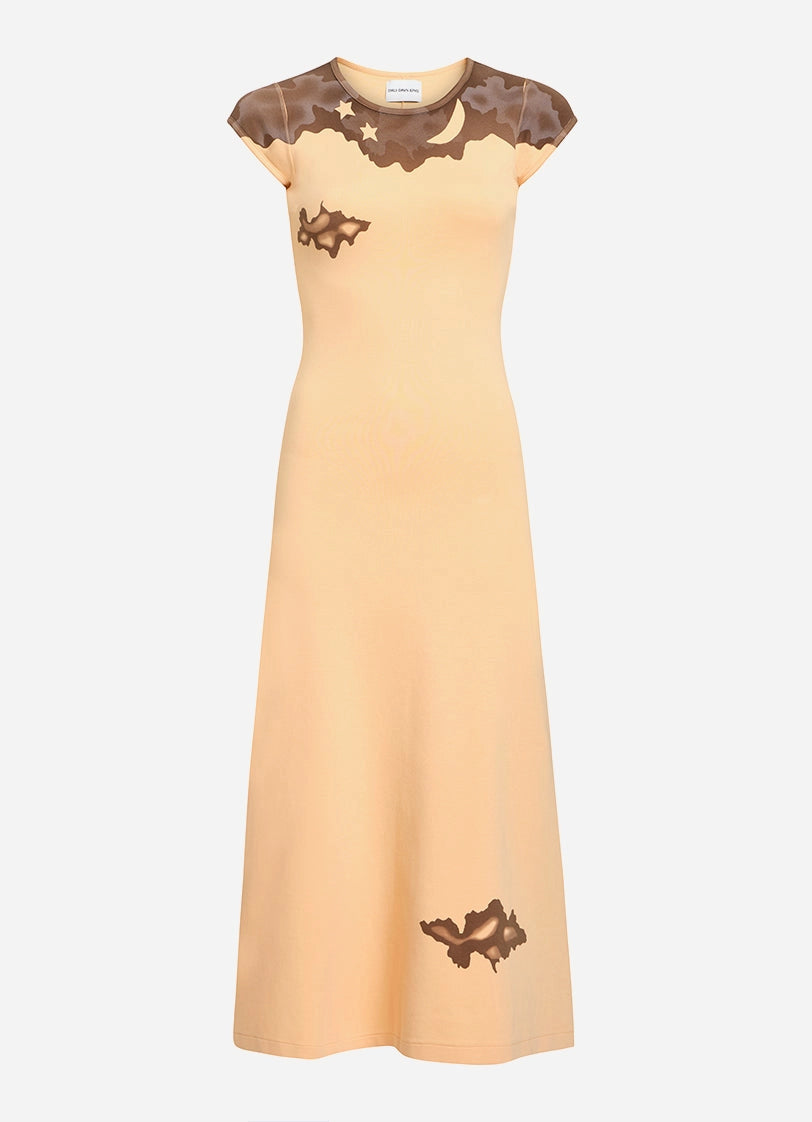 Beige dress with brown lace details on a white background