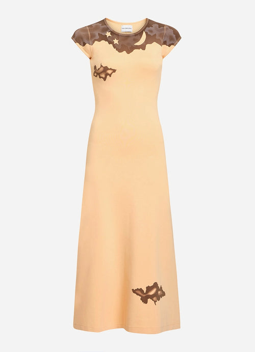 Beige dress with brown lace details on a white background