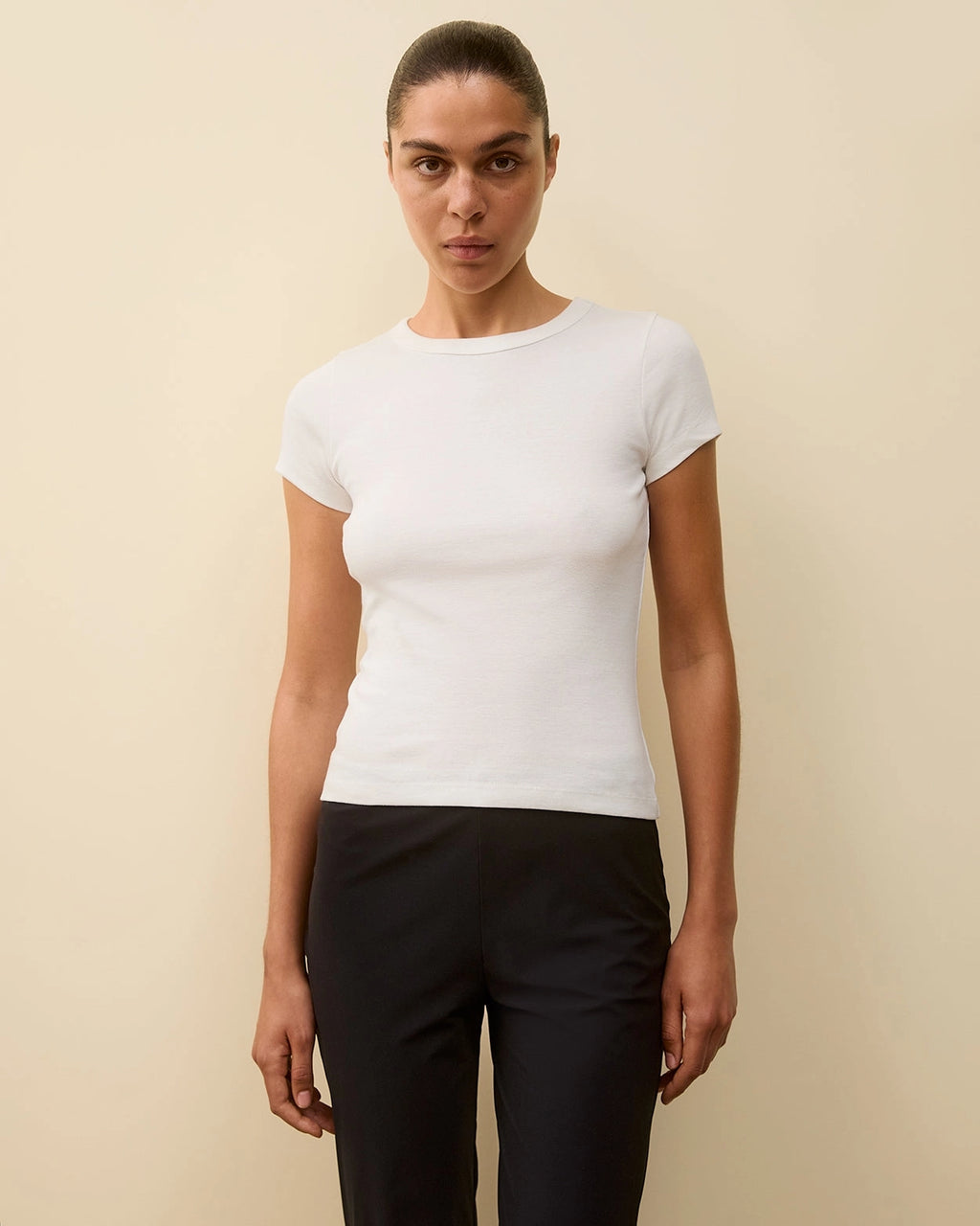 Model wearing Car Baby Tee in White by FLORE FLORE