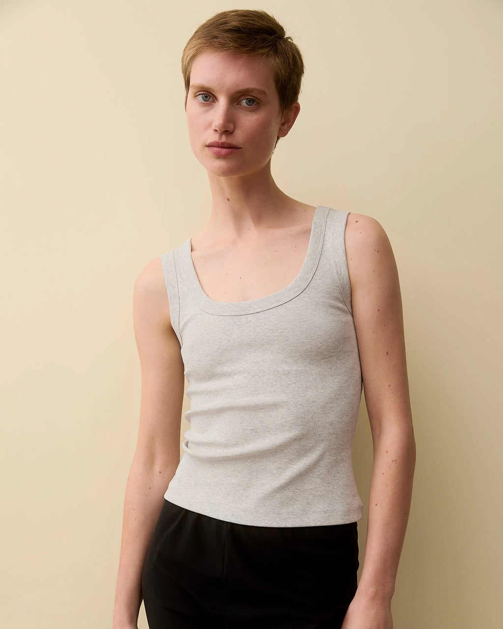 Model wearing Hillie Tank in Heather Grey by FLORE FLORE