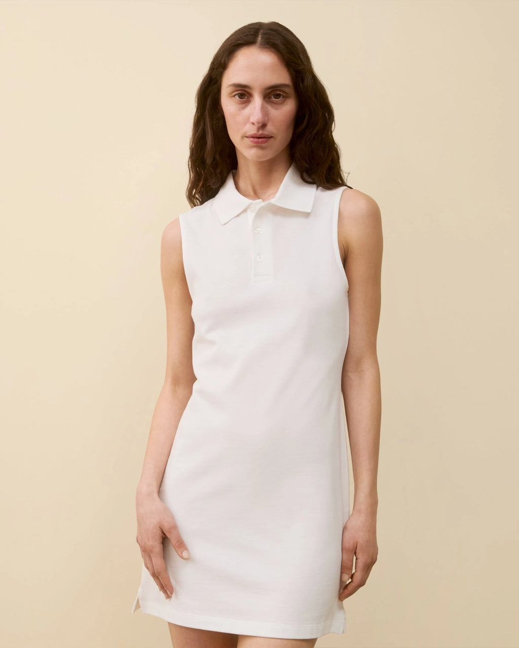 Model wearing Lauren Polo Dress in White by FLORE FLORE front view