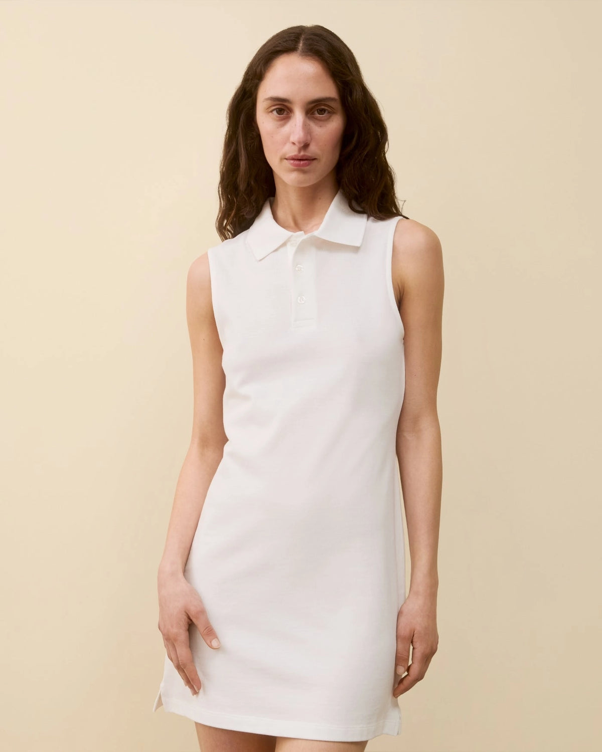 Model wearing Lauren Polo Dress in White by FLORE FLORE front view