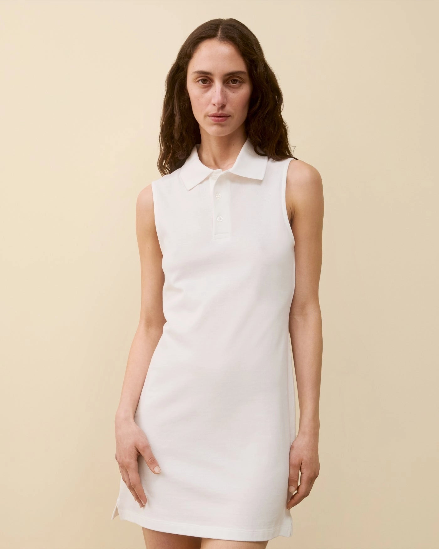 Model wearing Lauren Polo Dress in White by FLORE FLORE front view