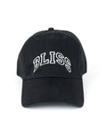 Black BLISS cotton baseball cap by Henry Johnson with embroidered collegiate-style lettering.